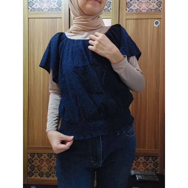 Preloved blouse wanita katun bordir navy blue