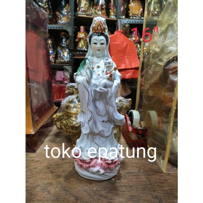 patung dewi kwan im guan yin gendong anak berdiri 16 inch keramik