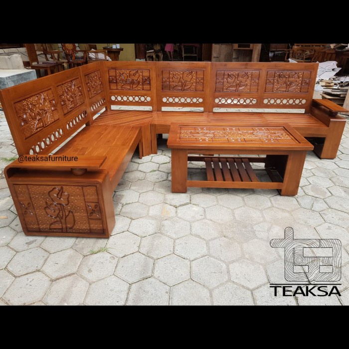 Best Seller Kursi Tamu L Sudut Jati Ukir Kotak Minimalis 221