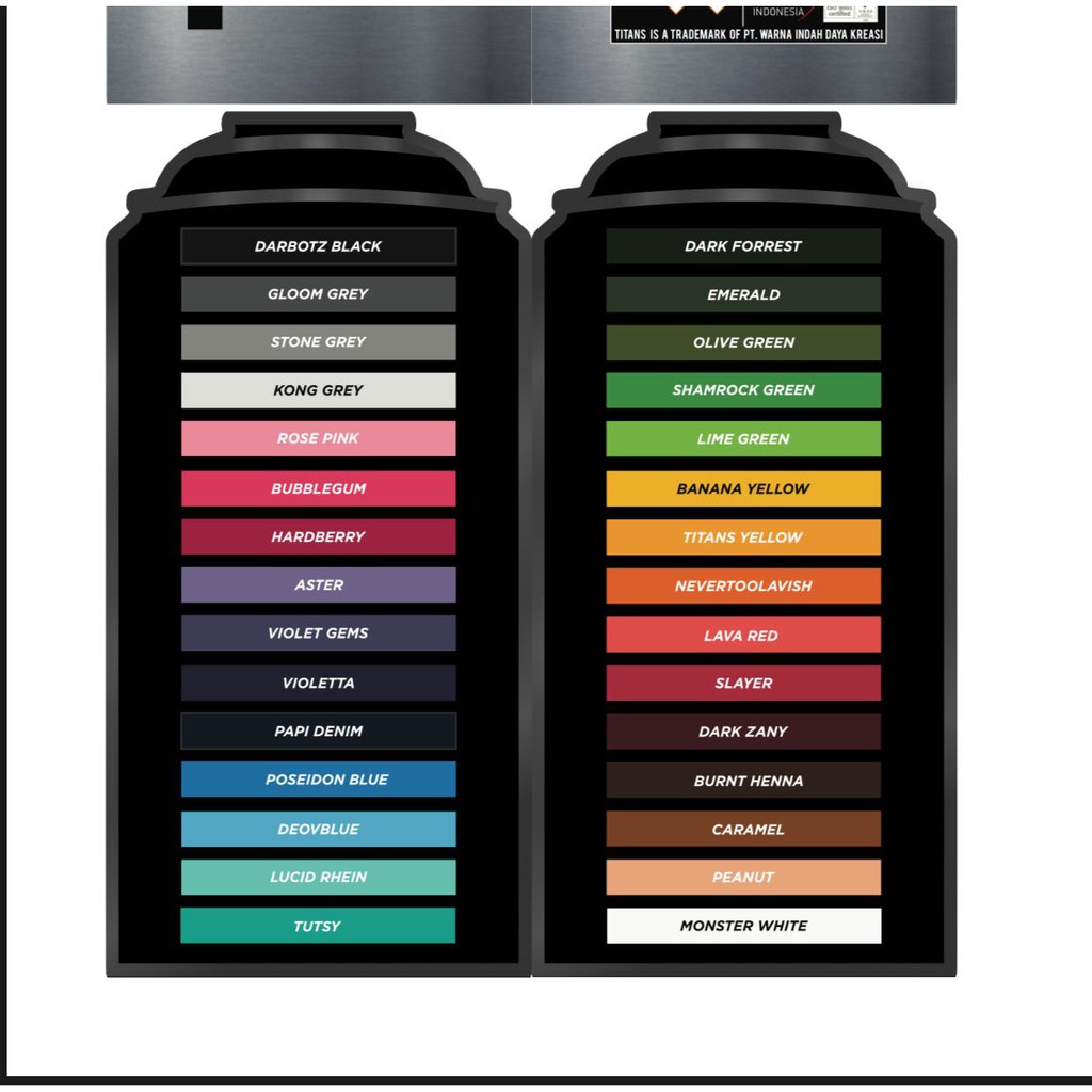 

KPR TITANS SPRAY PAINT / CAT SEMPROT/CAT SENI GRAFFITI/CAT SEPEDA/ CAT MOTOR/ CAT BESI/ CAT AKRILIK