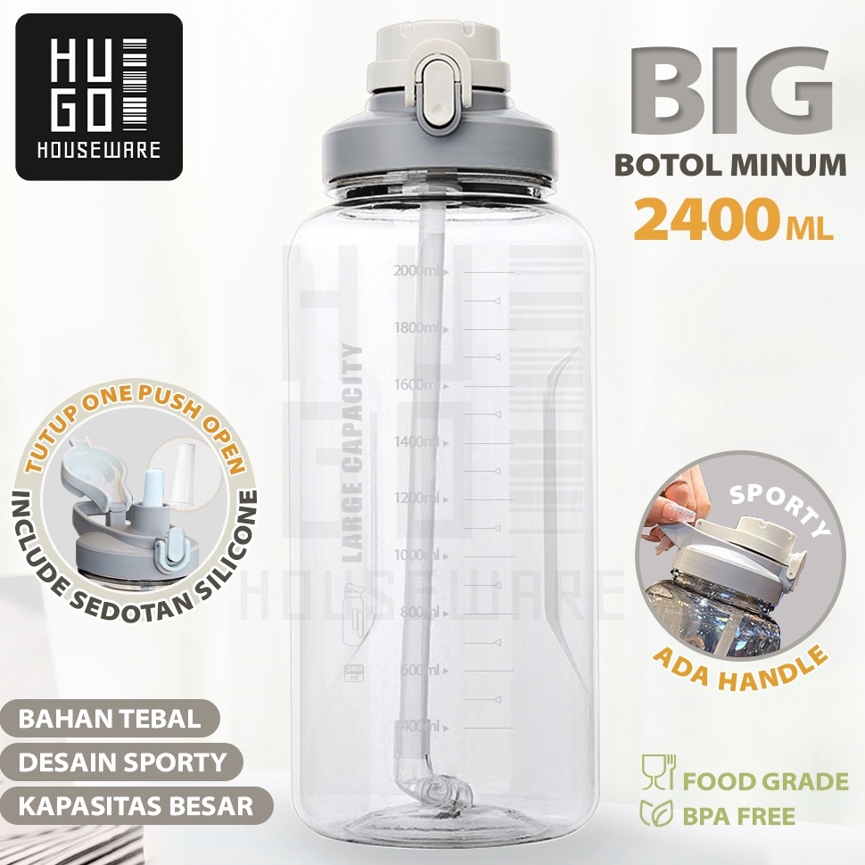TERBAIK. HUGO Botol Minum 2,4 Liter Jumbo Besar Anti Bocor Food Grade Tempat Air Minum 2400 ml