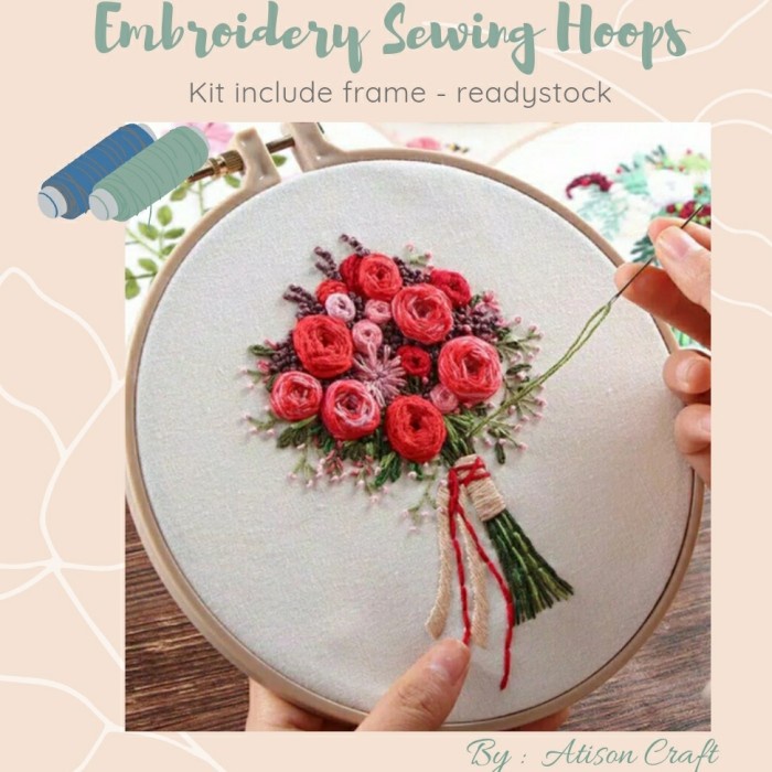 

PAKET KIT SULAM EMBROIDERY KITS DENGAN HOOPS RAM KAYU / ROSE RED