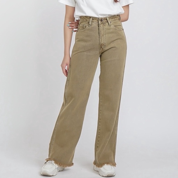HOT SALE. Esrocte Celana Loose Baggy Unfinished High Waist Jeans Wanita U07- Cream 26-38