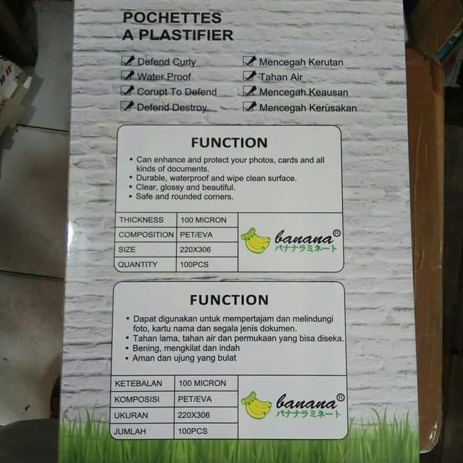 

plastik laminating ukuran A4 merk banana 1 pack isi (100)