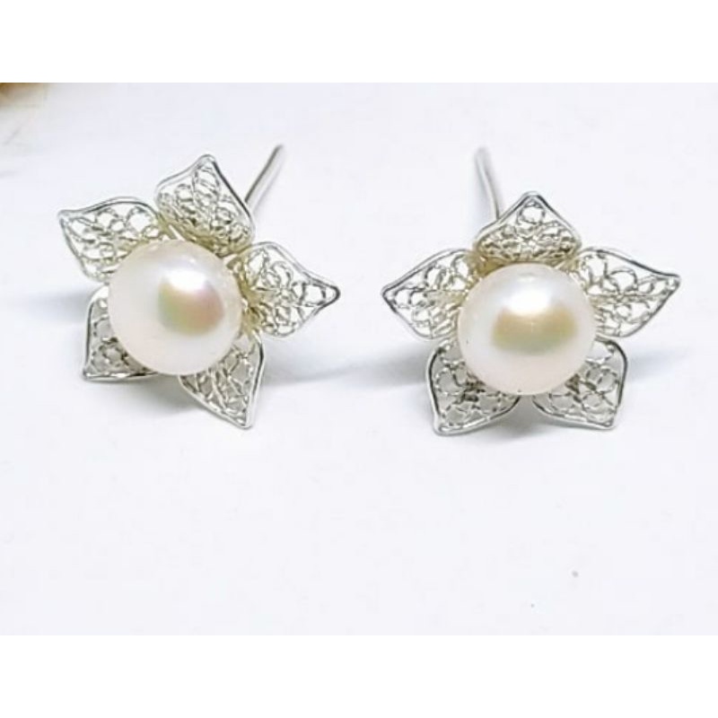 ( 147 ) Giwang bahan Perak Asli 925 Mutiara Air Tawar Asli Lombok