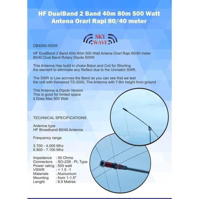 HF DualBand 2 Band 40m 80m 500 Watt Antena Orari Rapi 80/40 meter