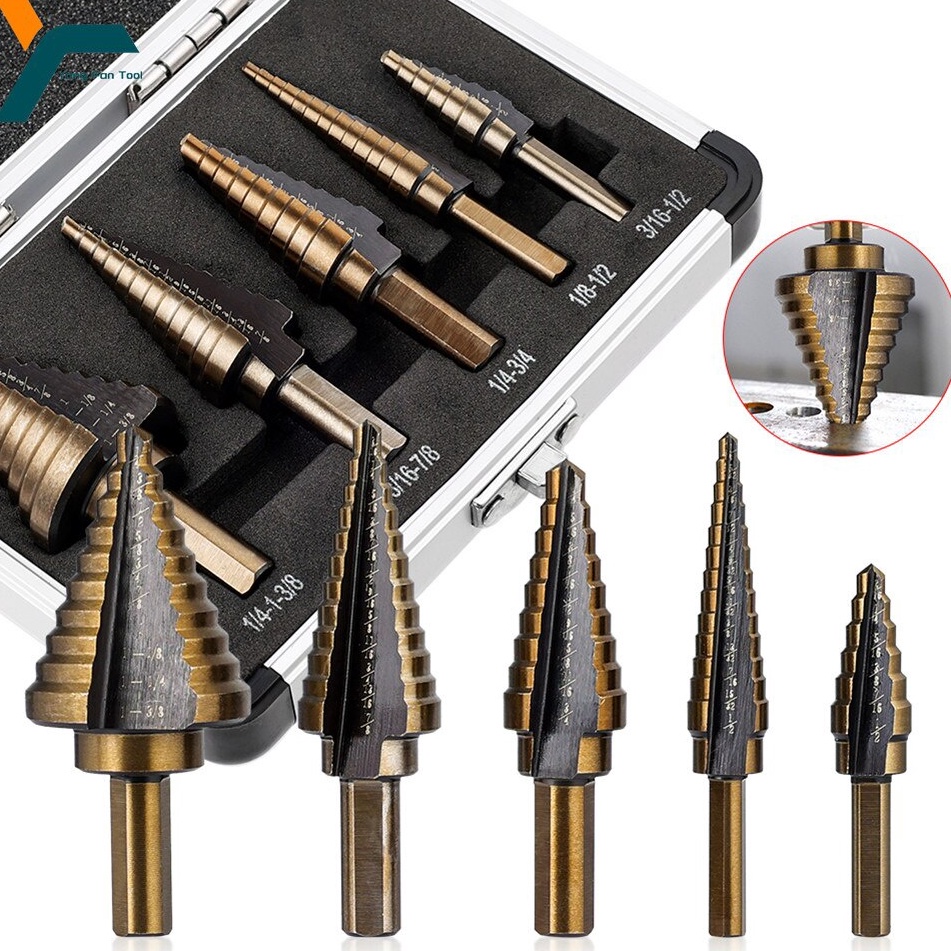 ・ rt Mata Bor Set Pagoda Baja Besi Isi 5 Pcs Alat Pertukangan Spiral Drill Step Down Titanium/mata b