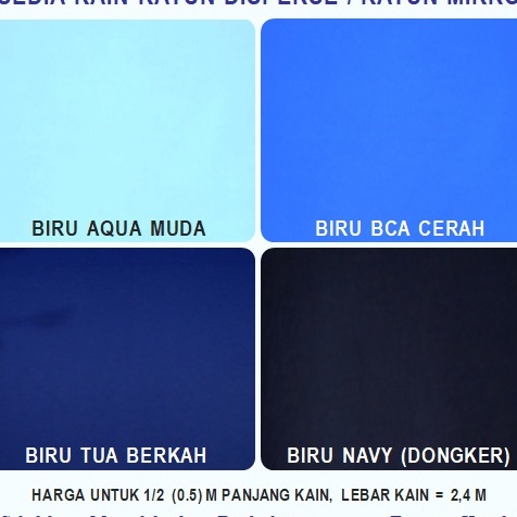 Ready Kain Katun Mikro Warna BIRU AQUA MUDA,  BIRU BCA CERAH,  BIRU TUA BERKAH  dan  BIRU NAVY PEKAT