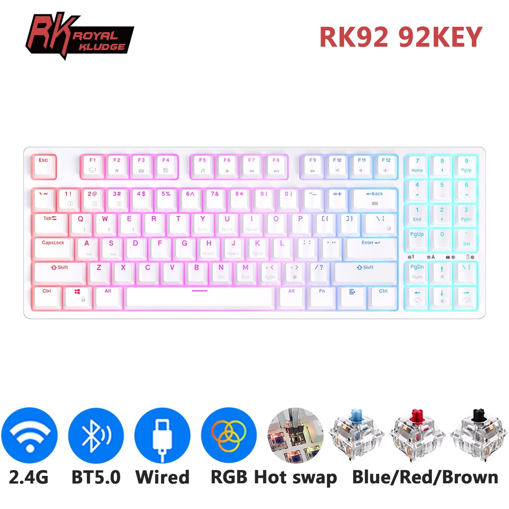 ✅&ROYAL KLUDGE RK92 RGB Mechanical Keyboard Tri-Mode BT5.0/2.4G/USB-C 92 Keys Hot Swappable Bluetoot