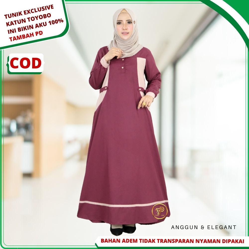 Baju Gamis Wanita Remaja Bahan Katun Toyobo Premium Kombinasi 2 dua WarnaTerbaru Kekinian Busui A1