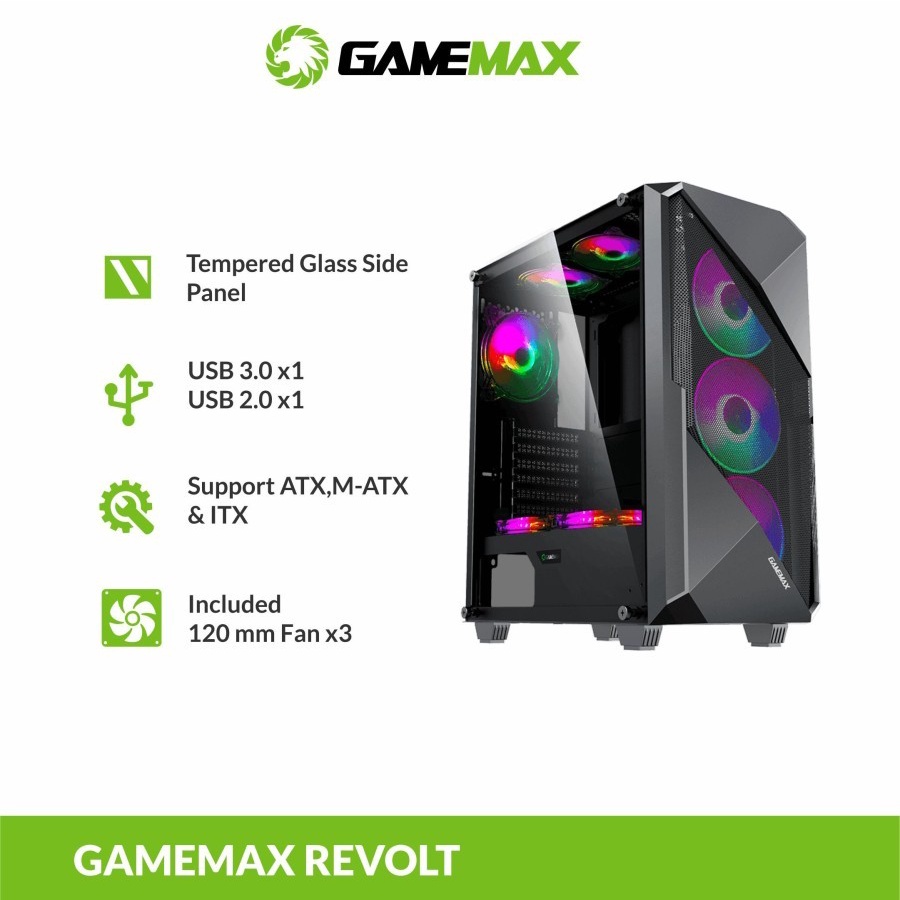 Casing Gamemax Revolt ATX with 3 Fan ARGB Gaming PC Case