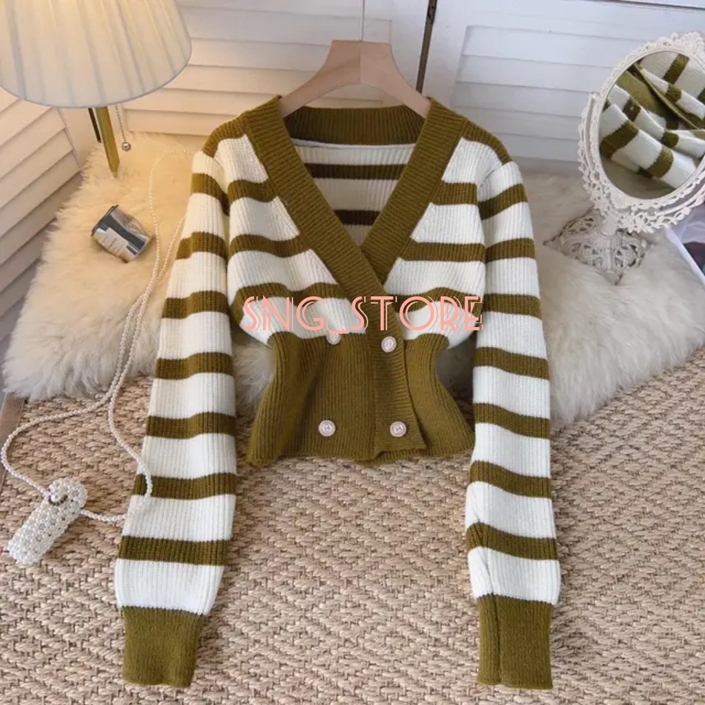 Cardigan rajut  crop strip collar / Outwear wanita lengan panjang