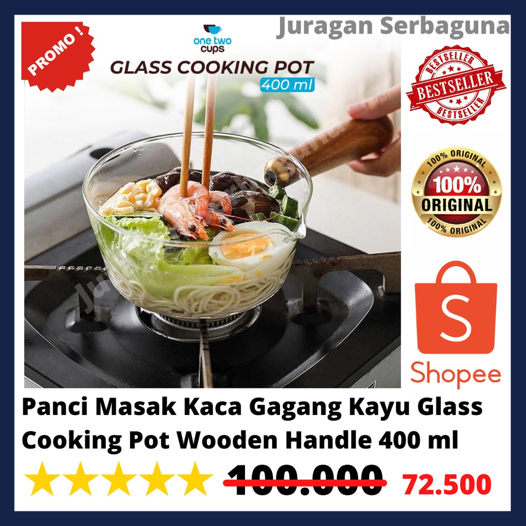 Panci Masak Kaca Gagang Kayu Glass Cooking Pot Wooden Handle 400 ml