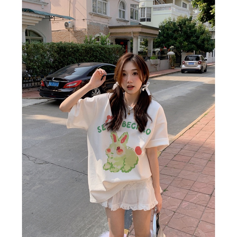 EUNII T-shirt Lengan Pendek Cartoon Rabbit Korean Style/Kaos Atasan Wanita/Baju Kaus Oversize Wanita/Kaos Wanita
