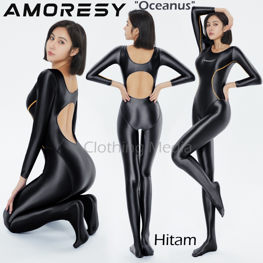 AMORESY Bodysuit Backless Glossy Punggung Terbuka Silky Elastis Jumpsuit Halus