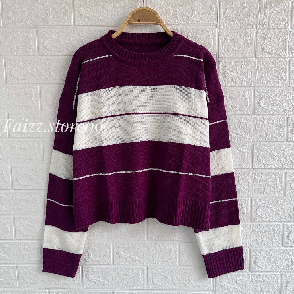 ONESET IONA CROP BLOUSE RAJUT MOTIF GARIS TERBARU SETELAN CELANA KULOT JOGER