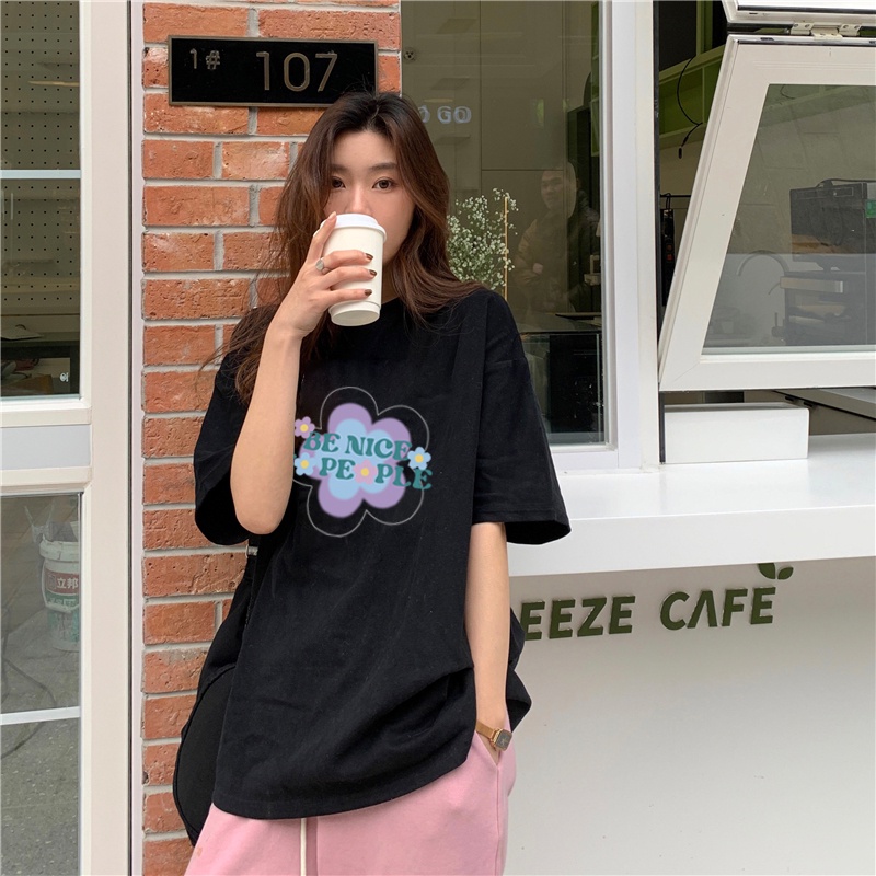 XIAOZHAINV Kaos Atasan Oversize Wanita Flower Alphabet Pattern Lengan Pendek A0423