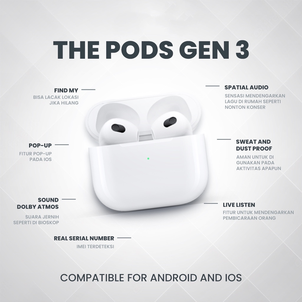 The Pods 3rd Generation Gen 3 True Wireless Stereo Bluetooth Headset Earphone Earbuds Headphone Spatial Audio TWS Charging Case
