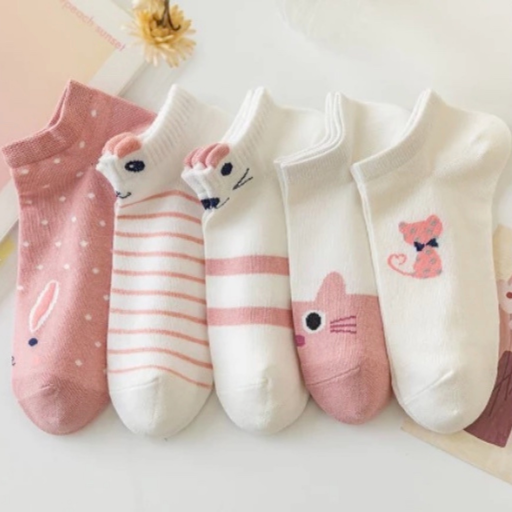 NUZ - Bundle Kaos Kaki Ankle Lucu Ankle 5 Pasang Pink