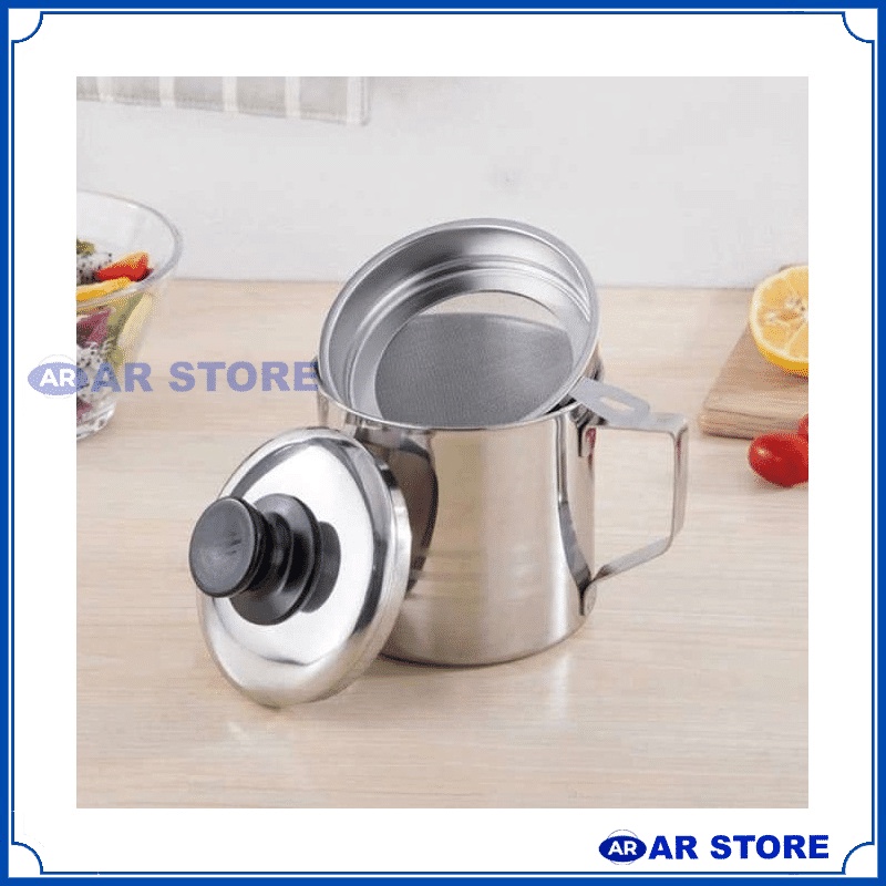 Wadah Saringan Minyak 1.3 Liter Stainless Steel / Oil Pot Filter Anti Karat / Gelas Penyaring Ampas Sisa Minyak Jelantah 1200 ML &amp;1300 ML Anti Tumpah AR STORE1688