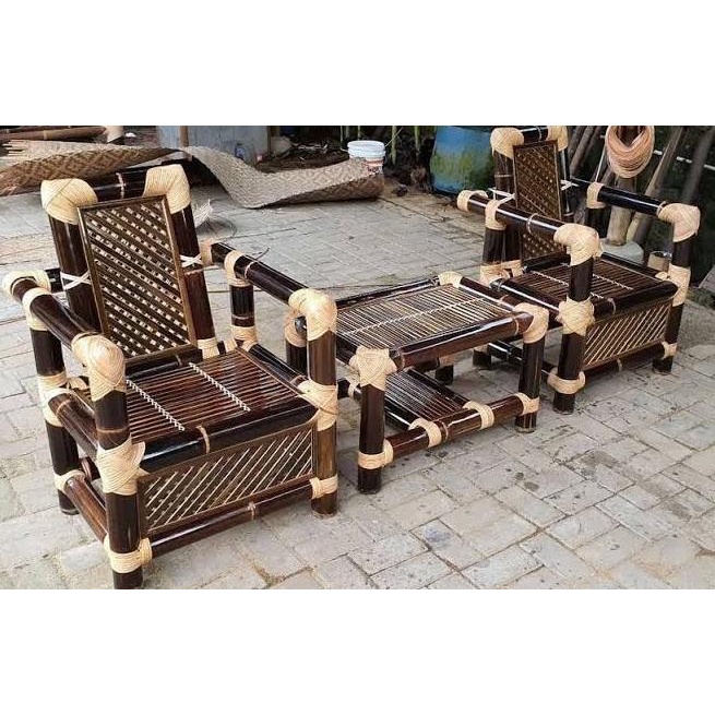 Set Meja Kursi Teras Tamu Bambu Hitam Motif Rotan / Mebel Bambu