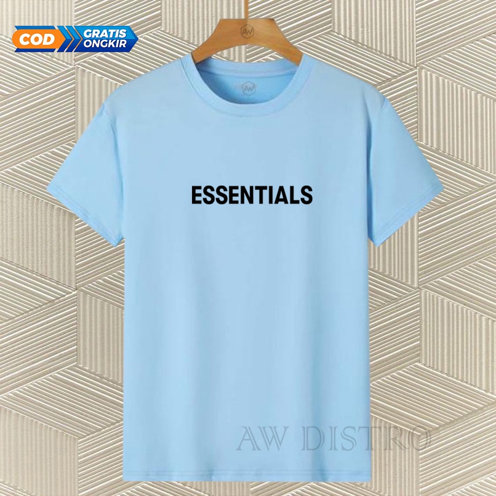 COD Baju Kaos Distro ESSENTIALS Teks Hitam Premium Quality Lengan Pendek