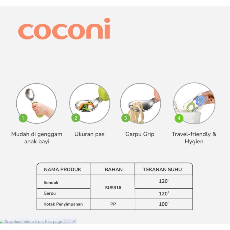 COCONI Eazy Grip Fork &amp; Spoon Stainless Steel Set Sendok Garpu Anak Belajar MPASI