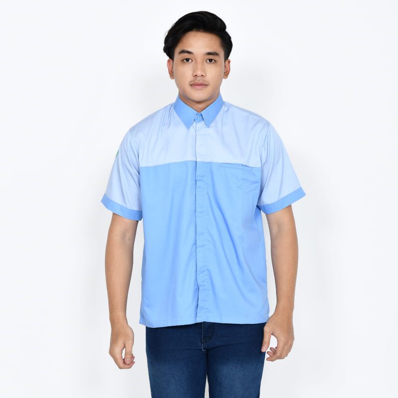 Baju Kerja Pria/Kemeja Kombinasi Pria Lengan Pendek/Kemeja Kombinasi Custom Bordir/Kemeja Kerja Lapangan/Kemeja Kerja Pria