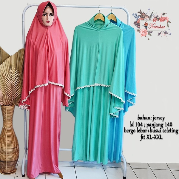 Hijab Syari Gamis Wanita Set Gamis Syari Setelan Jilbab Bahan Jersey Bergo Kombinasi Renda Fit XL-XXL Resleting Depan Busui Friendly