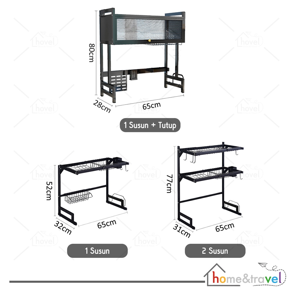 HOVELSHOP Rak Piring Dapur Wastafel Stainless Hitam 2 Susun Pakai Tutup 85cm Premium Anti Karat