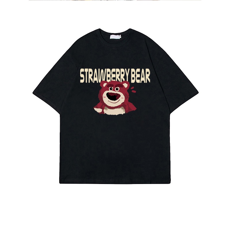 baju atasan wanita terbaru korean style lengan pendek oversize cartoon graphic print t-shirt import Strawberry Bear Doodle kaos hitam