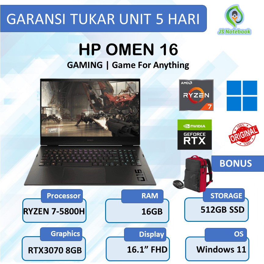 HP OMEN GAMING 16 C0092AX RTX3070 8GB RYZEN 7-5800H 16GB 512SSD WIN11