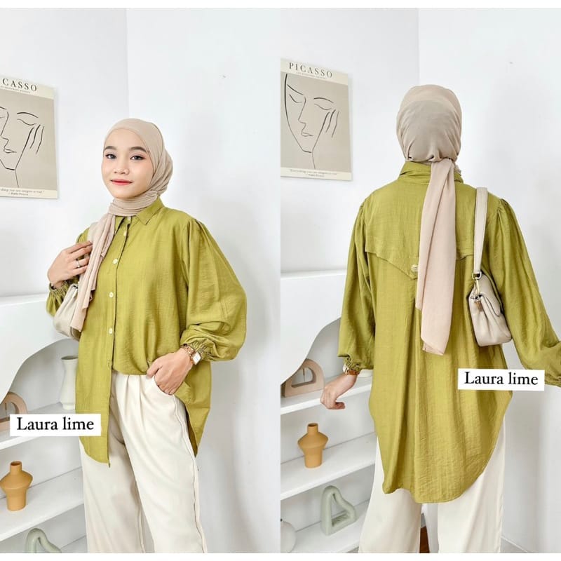 Laura Blouse Pollo Linen Blouse Kancing Kemeja Wanita Kerja
