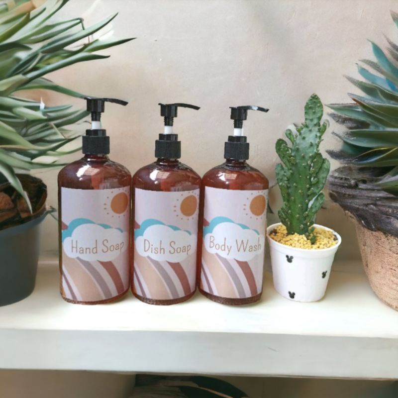 Botol pump 500ml aesthetic free label sticker anti air 500 ml amber dark coklat refillable minimalist home decor bathroom sabun mandi cuci tangan body wash isi ulang kosong bottle