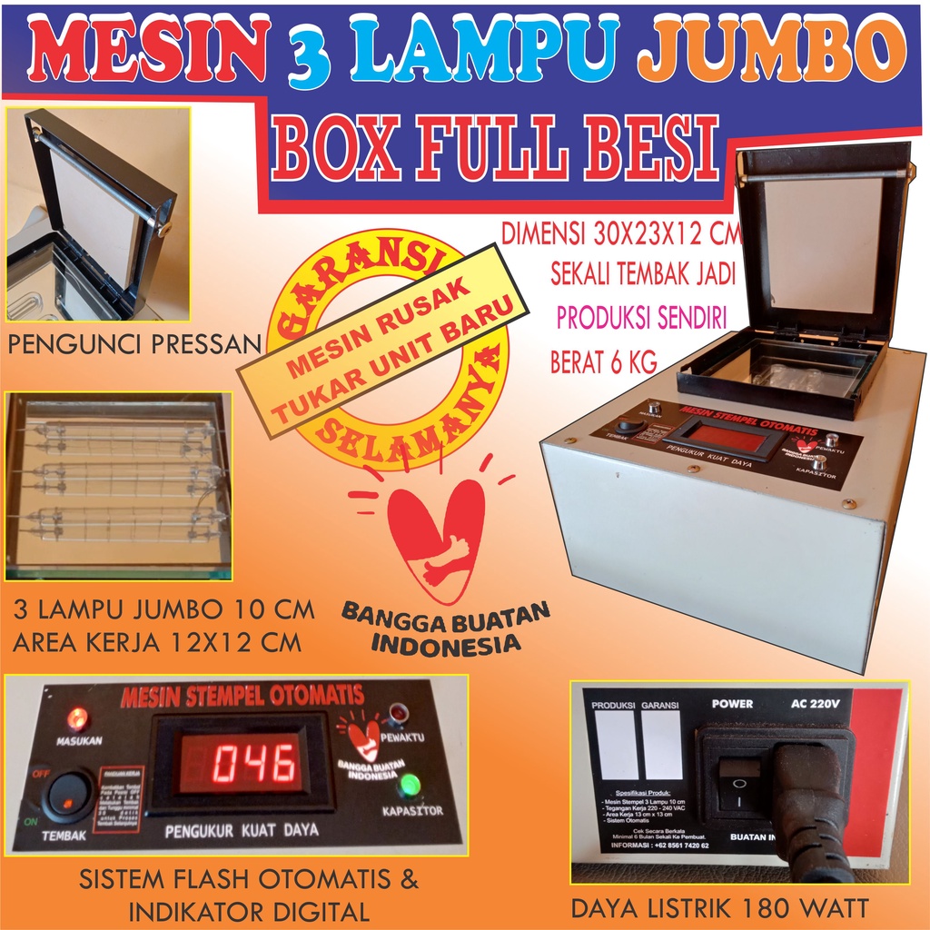 

Mesin stempel flash sekali tembak box besi Pengunci Presan lampu jumbo 3 lampu besar Buatan Indonesia