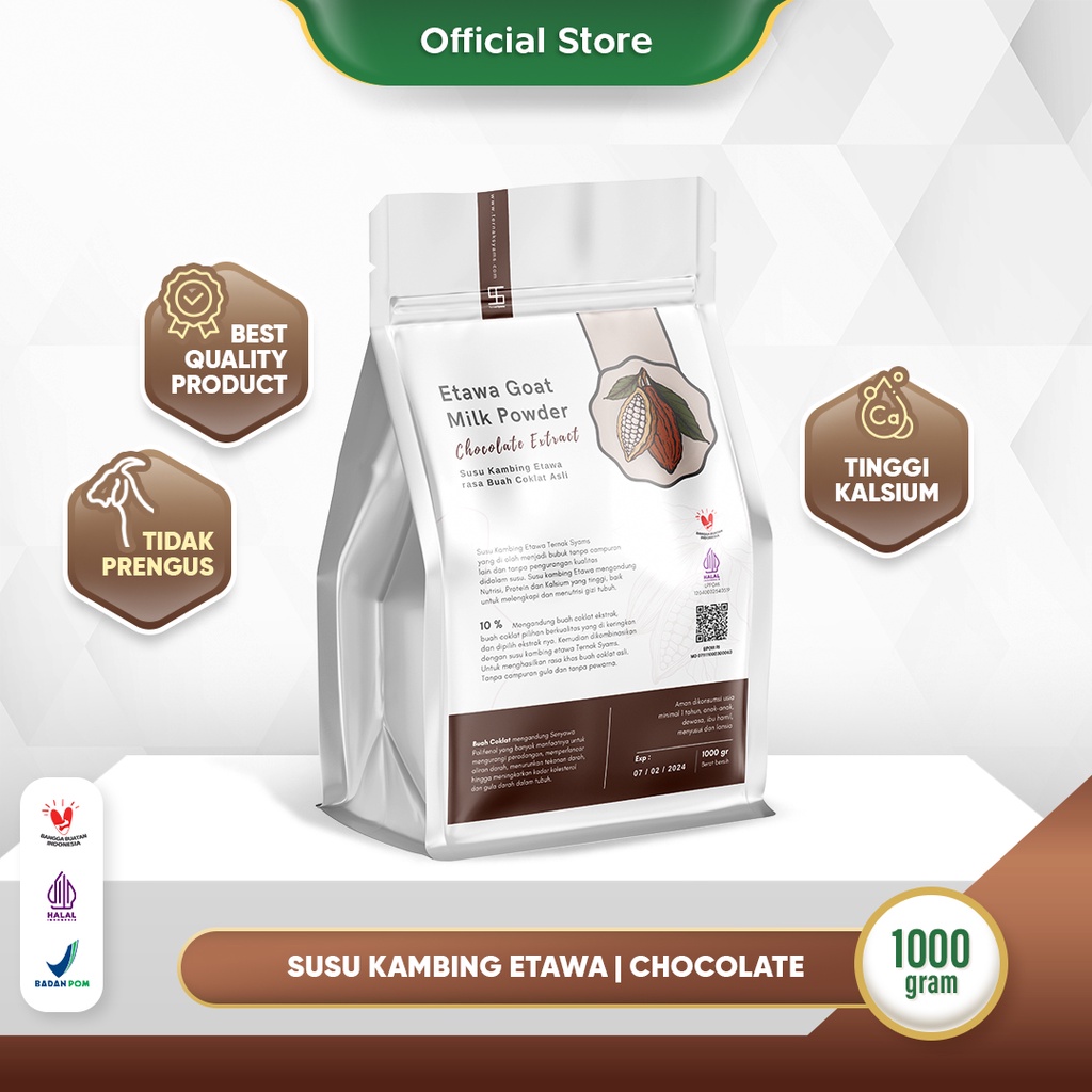 Ternak Syams - Susu Kambing Etawa Bubuk Rasa Varian Cokelat Chocolate Syams 1000 gram Pure Murni Alami Organik Pasteurisasi tanpa campuran gula Original Mentah Kiloan Asli Natural 1 Kg choco cocoa