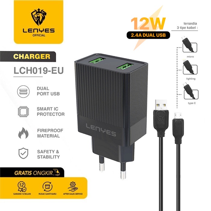 Kepala Charger LENYES LCH019 12W 2.4A 2 USB Free Kabel Data Original - Micro USB original kabel cable casan travel charger tc android usb charger micro usb type c batok kepala charger