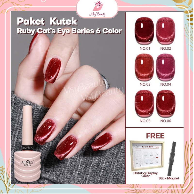 MSY PAKET KUTEK RED SERIAL 6WARNA CAT EYE FREE KATALOG DISPLAY COLOUR &amp; STIK MAGNET KUTEK GEL NAIL POLISH UV