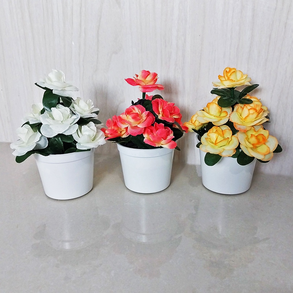 Pot Bunga Mawar Hias Plastik Mini Artifical Flower Decoration Import Tanaman Hias Palsu Cantik PBP107