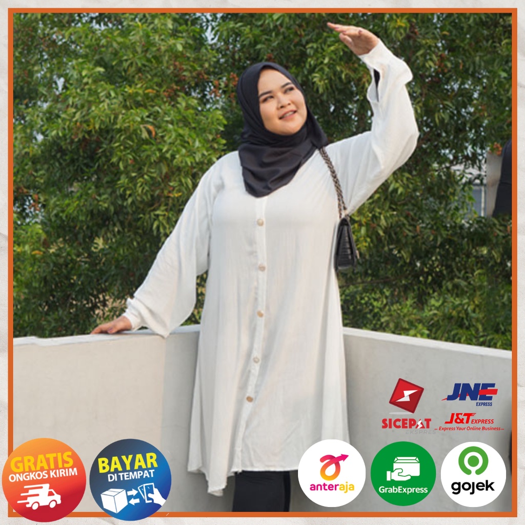 Ezpata Velza Tunik Kemeja Crinkle Polos Lengan Panjang Kancing Premium Jumbo Bigsize LD110-140cm Style Mewah Hitam Putih Terbaru