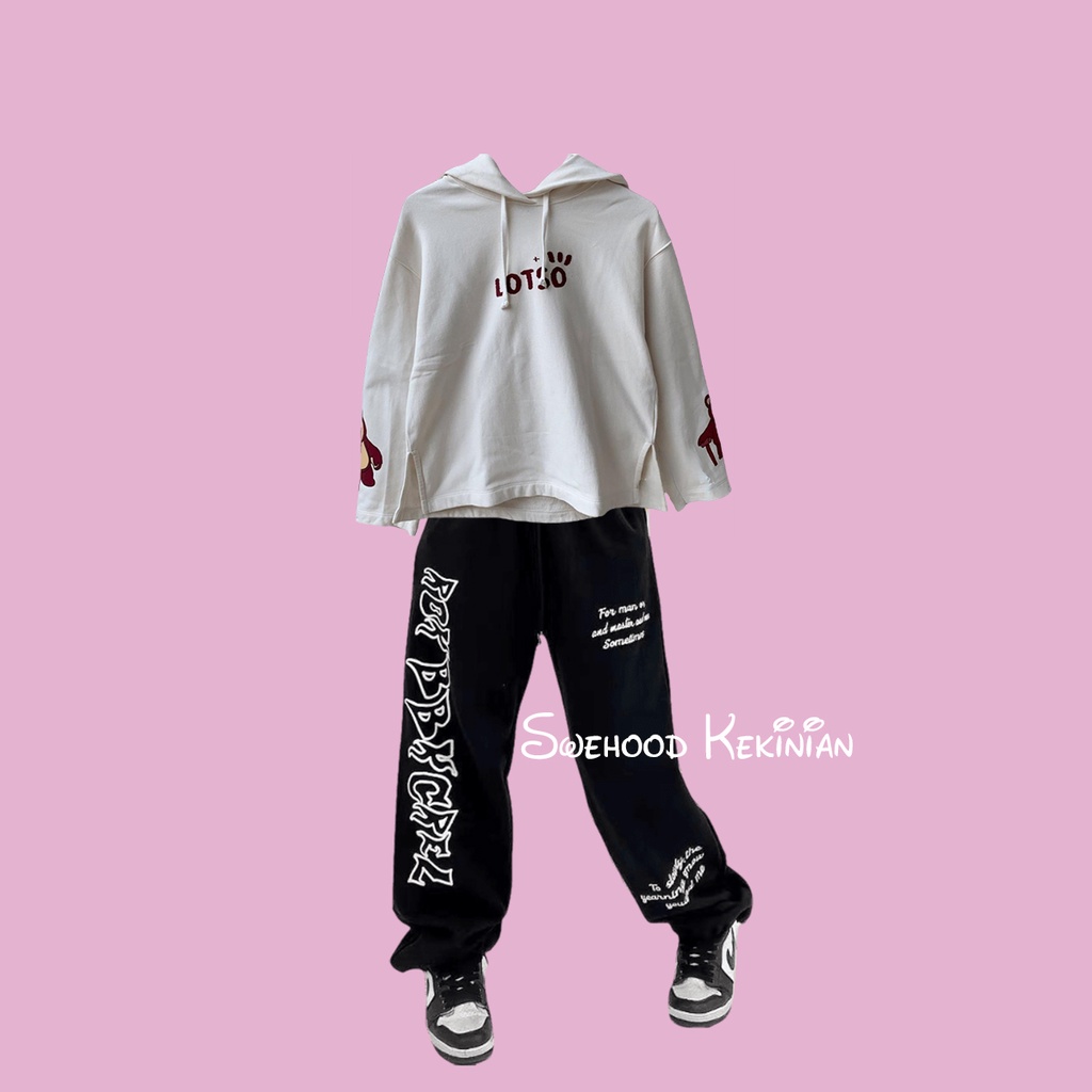 ONE SET HOODIE LOTSO BEAR BELAH SAMPING + HIP HOP HARAJUKU PREMIUM Setelan Set Baju Atasan dan Celana Panjang Wanita Kekinian Fashion Outfit Korean Style Bahan Fleece Tebal