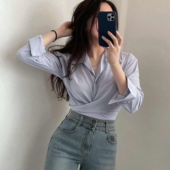 EUNII Wrap Blouse Kemeja Lengan Panjang Wanita Terbaru Crop Top Baju Wanita