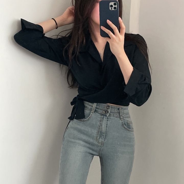 EUNII Wrap Blouse Kemeja Lengan Panjang Wanita Terbaru Crop Top Baju Wanita