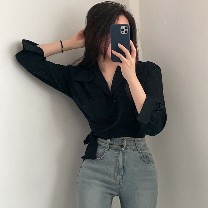 EUNII Wrap Blouse Kemeja Lengan Panjang Wanita Terbaru Crop Top Baju Wanita