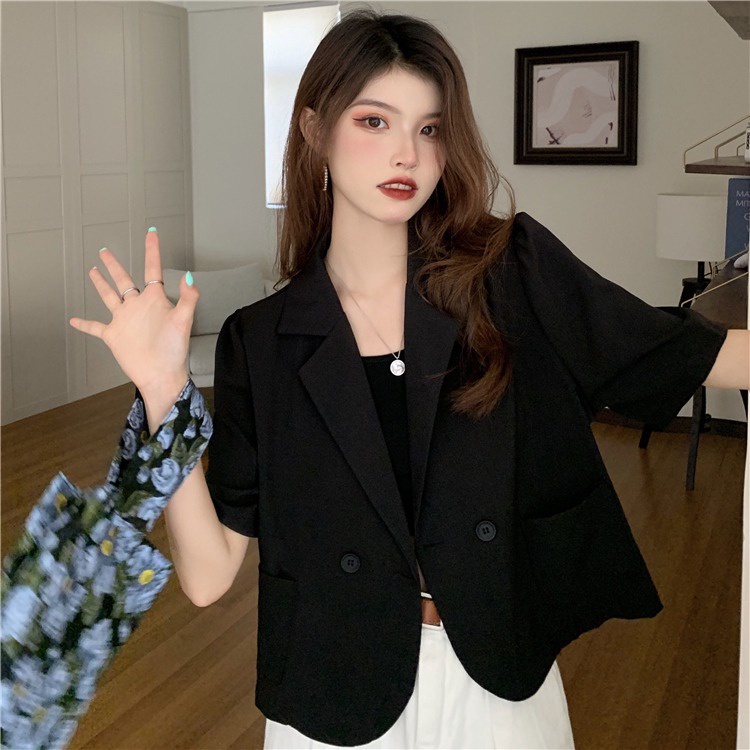 EUNII Blezer Wanita Lengan Pendek Kasual Crop Top Baju Wanita Korean Style