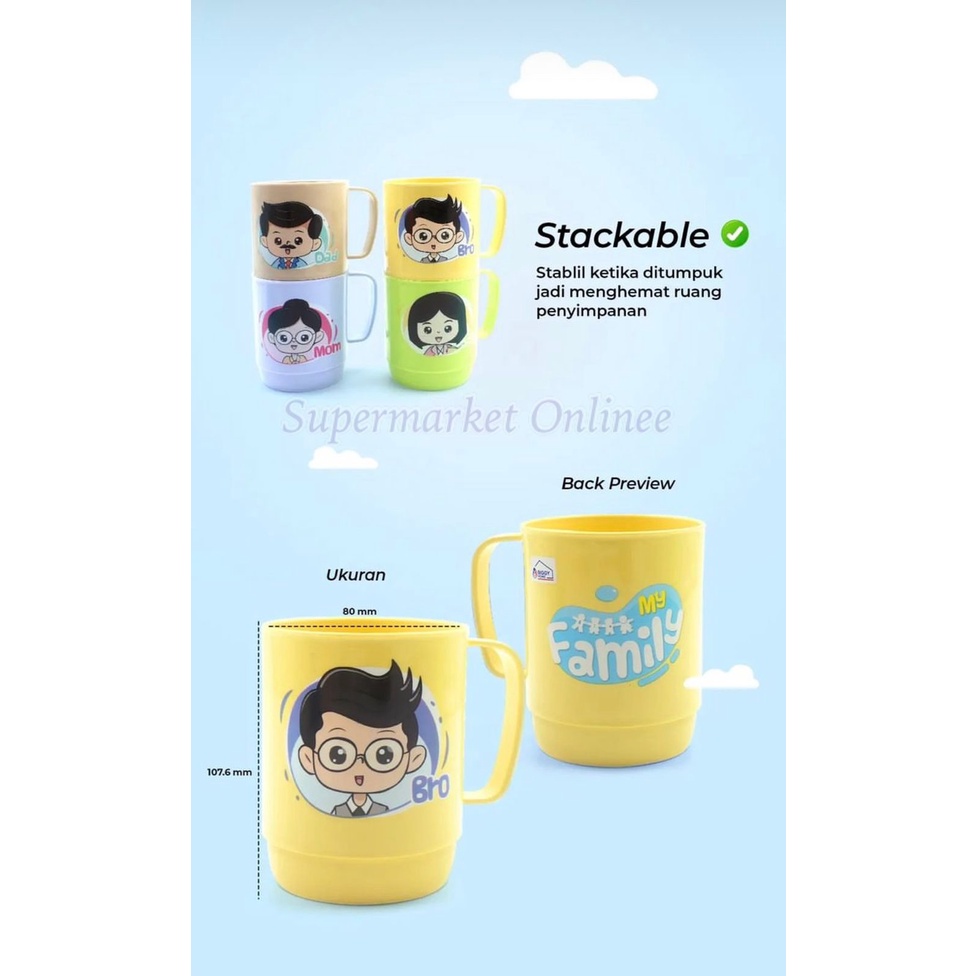 Gelas Cangkir Minum Set Gelas Keluarga Set Motif Cartoon 350ml Gelas Air Kopi Mug Family Set isi 4pcs