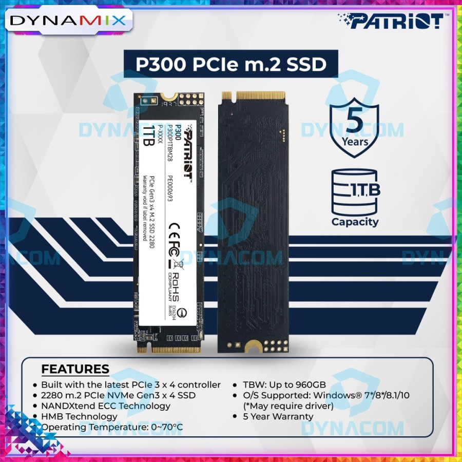 SSD PATRIOT P300 M2 2280 1TB PCIe Gen3 x4 NVMe 1.3 SSD GARANSI RESMI