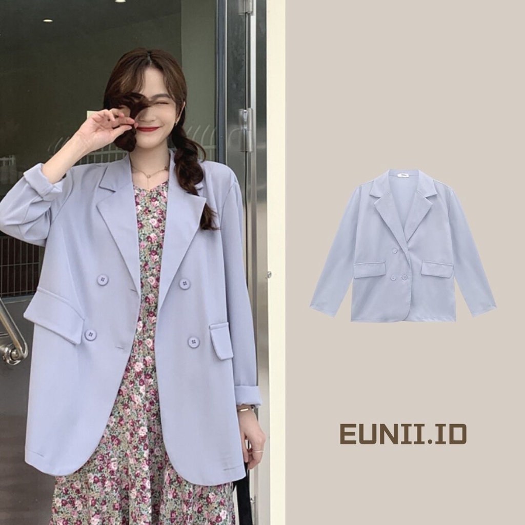 EUNII Blazer Fashion Wanita Hitam Lengan Panjang Retro Jaket Minimalis Korea Style