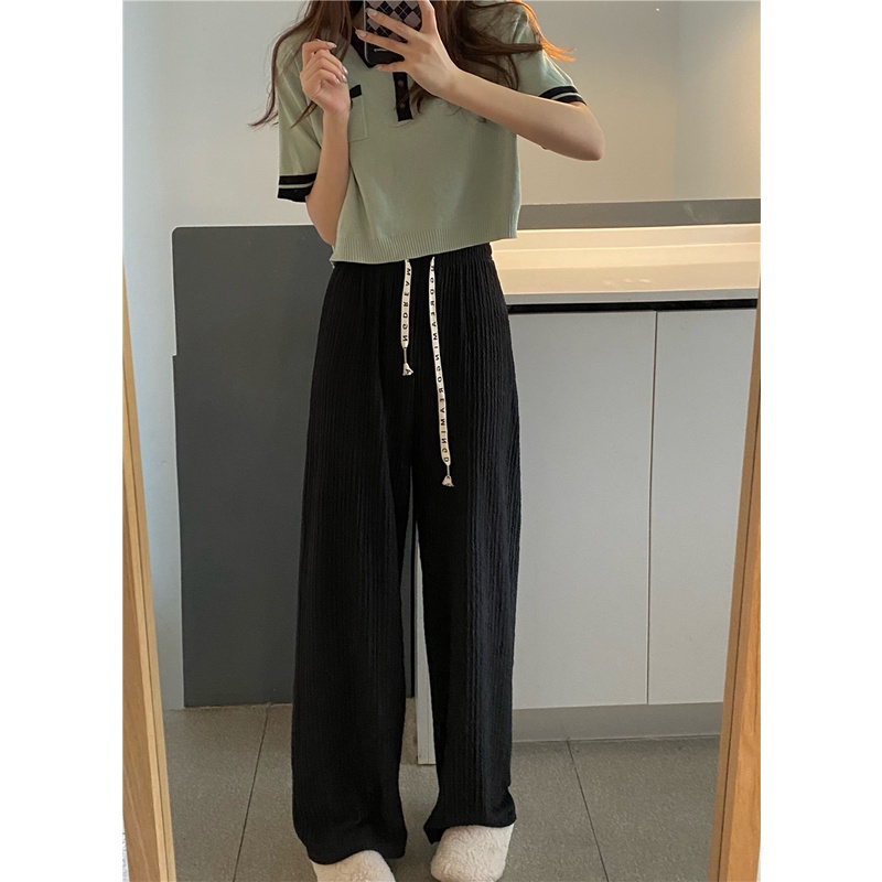 EUNII Celana Panjang Santai Wanita Basic Color Kasual High Waist Straight Pants Korean Style