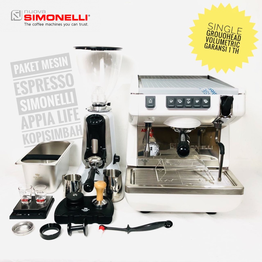 Paket Mesin Espresso Simonelli Appia Life 1 Single Grouphead Volumetric + Grinder Heycafe HC600 Auto
